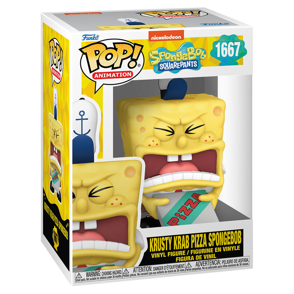Figura Funko Pop di SpongeBob con espressione arrabbiata, che regge una scatola di pizza del Krusty Krab.
