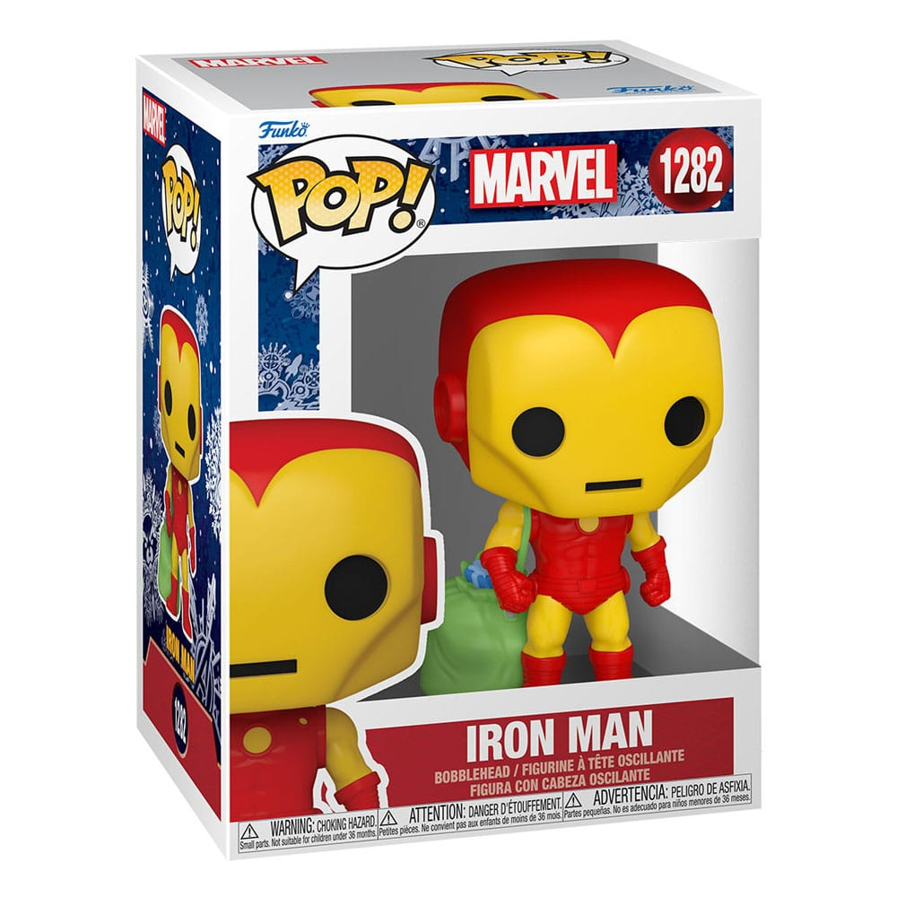Una figura Funko Pop de Iron Man en una caja navideña roja y azul sosteniendo regalos.