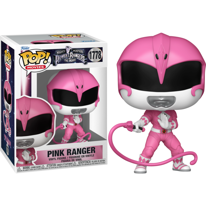 Figura Funko Pop de Pink Ranger junto a su caja con la marca de Mighty Morphin Power Rangers.