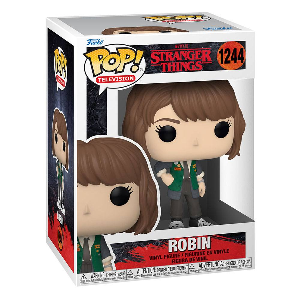 Funko Pop Vinyl-Figur von Robin aus Stranger Things, Nummer 1244, in ihrer Box.