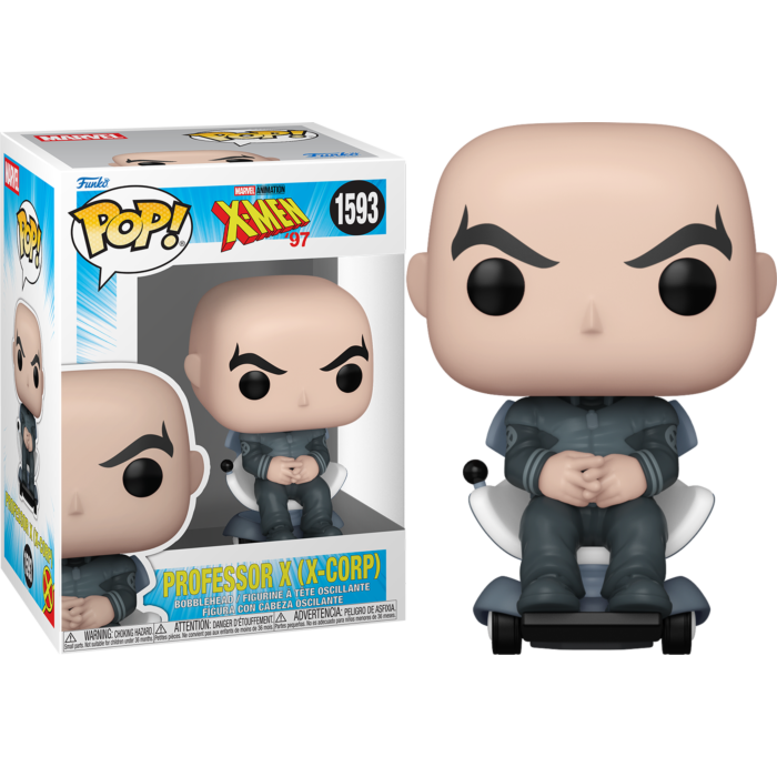 Professor X Funko Pop Figur im Schwebestuhl neben der Verpackung vor schwarzem Hintergrund.