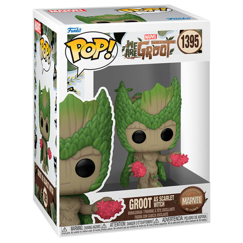 Action figure Funko POP! di Groot come Scarlet Witch, numero 1395, in scatola con fiori rossi.