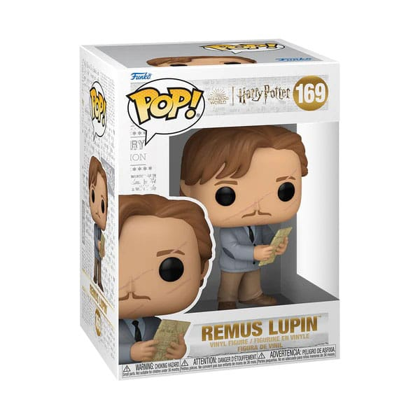 Remus Lupin Funko Pop Figur in verpackter Box mit großen Augen und Karte in den Händen.