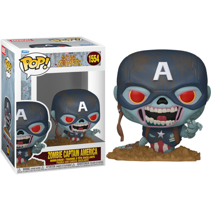 Figura Funko Pop de Zombie Captain America y caja sobre fondo negro.