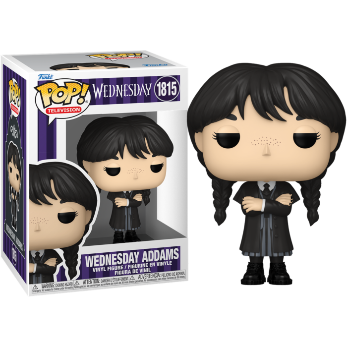 Wednesday Addams Funko Pop Figur mit Verpackung auf schwarzem Hintergrund.