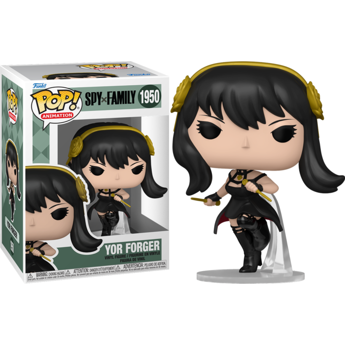 Figura Funko Pop de Yor Forger en un vestido negro con adornos dorados y diadema junto a su caja.