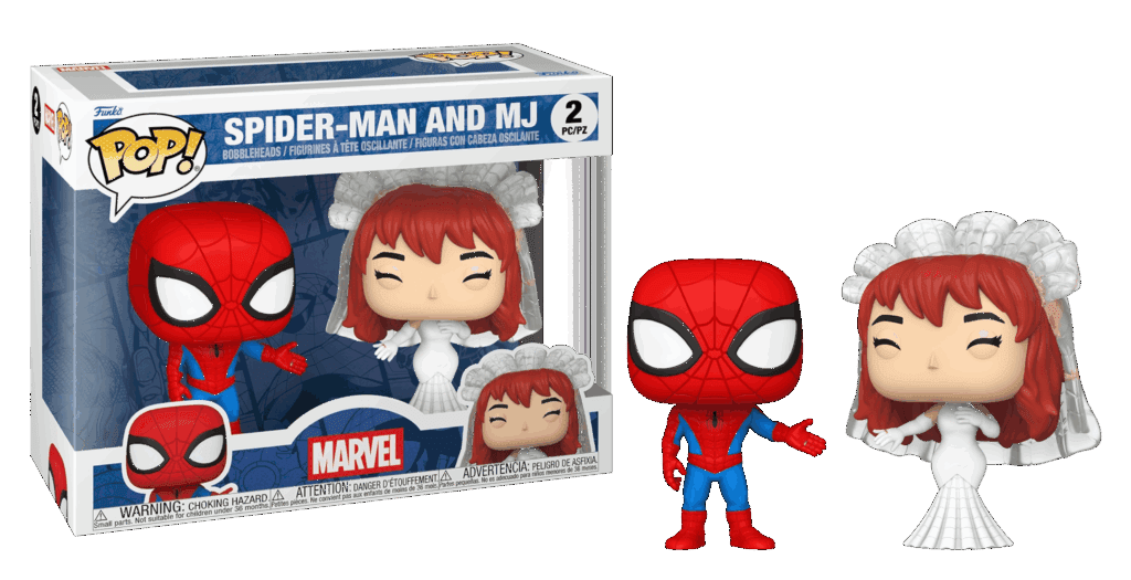 Figuras de vinilo de Spider-Man y MJ Funko Pop! junto a su caja.