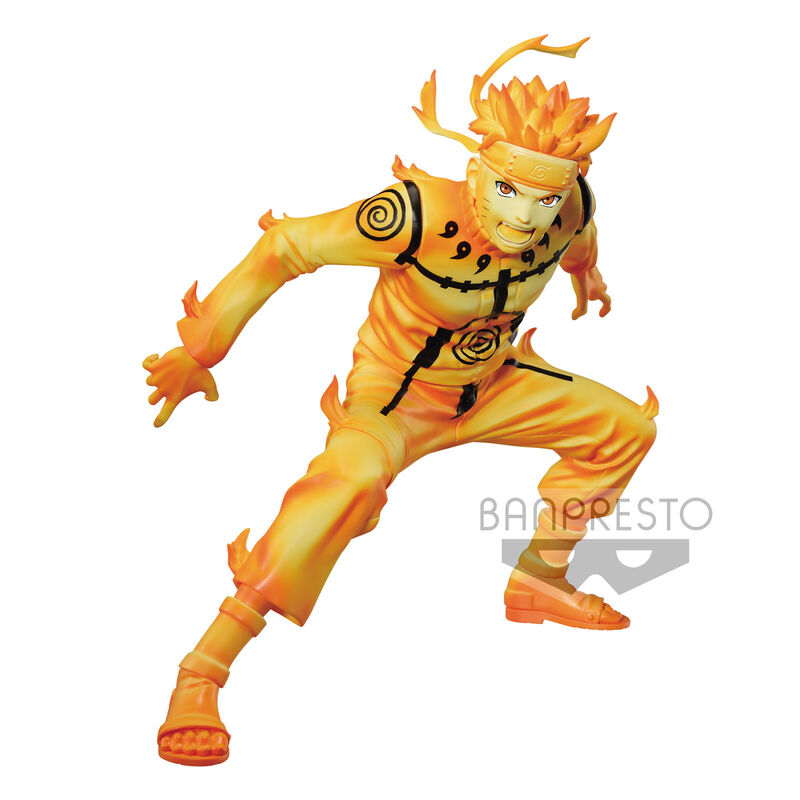 Una figura de Naruto Uzumaki con atuendo de chakra naranja, en pose dinámica sobre fondo blanco.