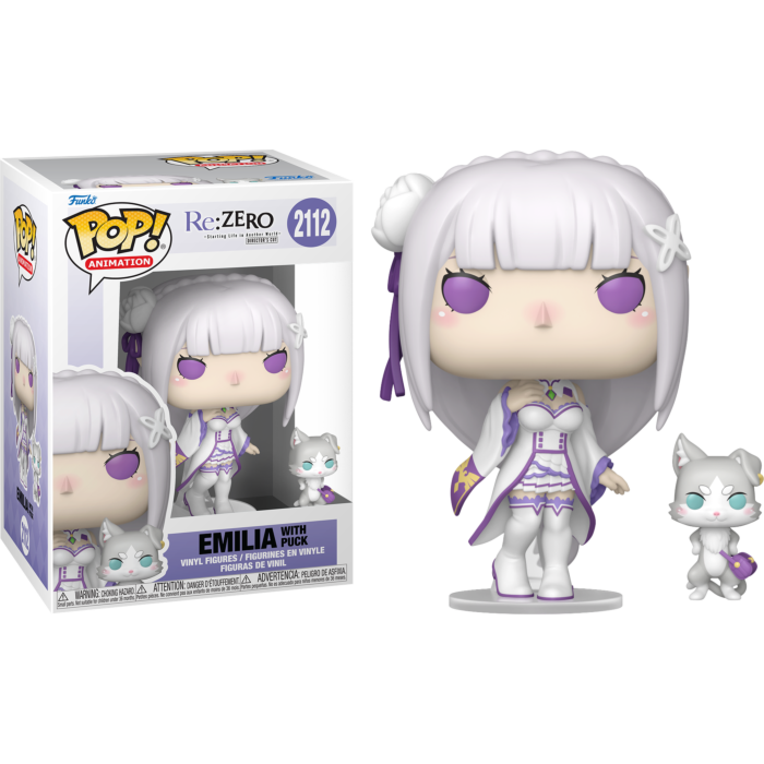 Figura Funko Pop de Emilia con Puck de Re:Zero en blanco y morado, mostrada fuera y dentro de su caja.