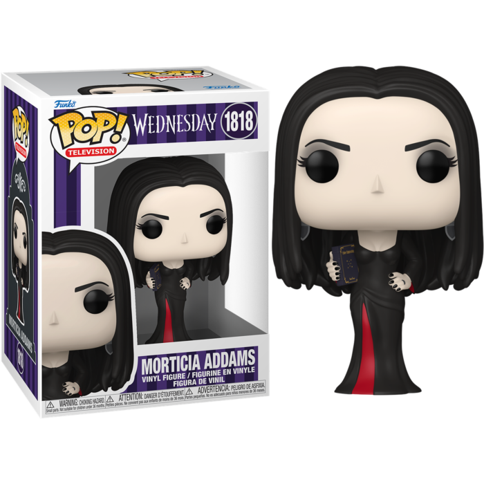 Morticia Addams Pop-Vinylfigur in schwarzem Kleid mit rotem Schlitz neben ihrer Verpackung.