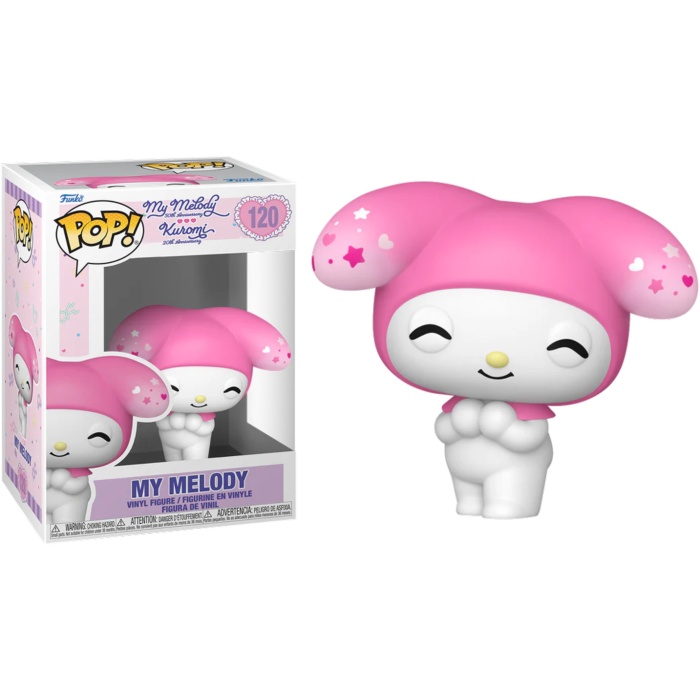 Una figura de vinilo My Melody Funko Pop junto a su caja ilustrada sobre un fondo negro.