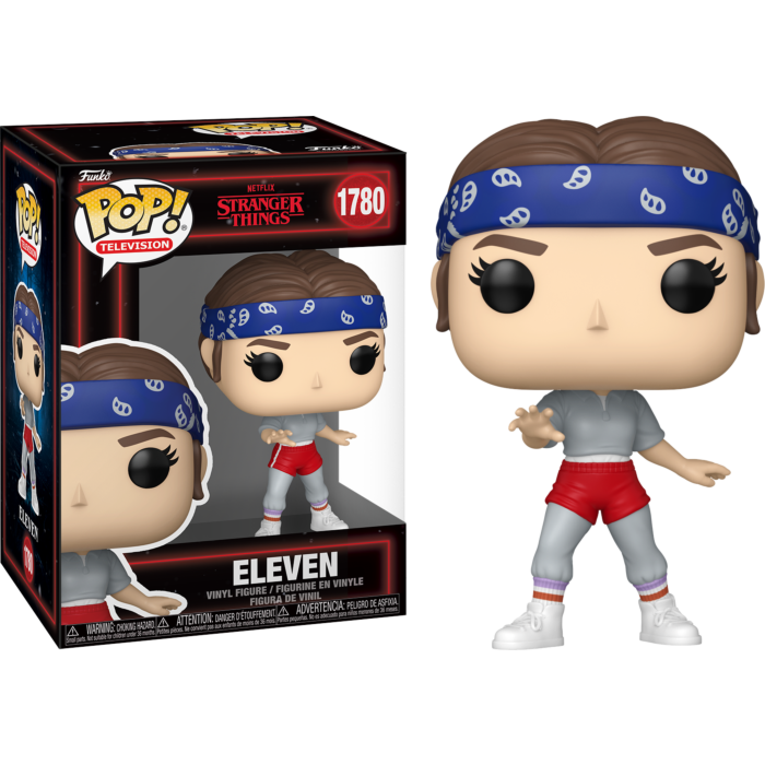 Figura Funko Pop de Eleven de Stranger Things con bandana azul, parte superior gris, pantalones cortos rojos y caja.