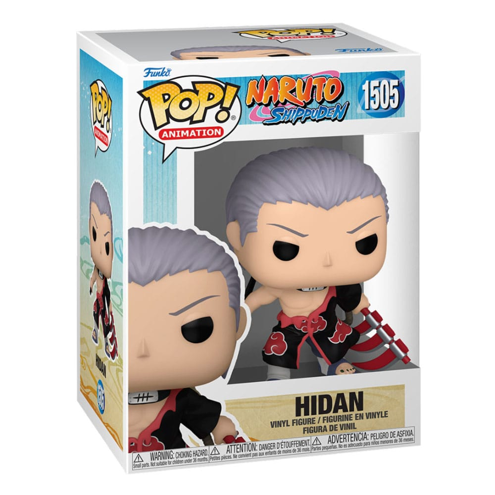 Figurka Funko Pop Hidan z Naruto Shippuden w pudełku, w płaszczu Akatsuki i z czerwoną kosą.