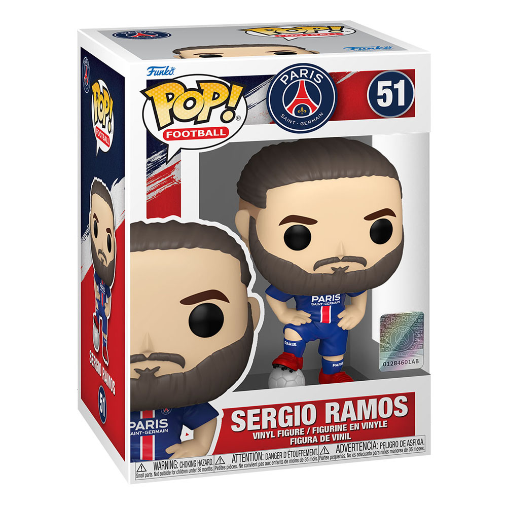 Eine Funko Pop Box mit einer Sergio Ramos Vinylfigur in einem Paris Saint-Germain Trikot.