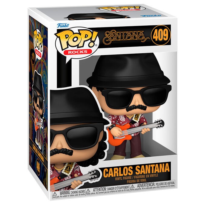 Figurka winylowa Funko Pop Carlos Santana w kapeluszu, okularach i z gitarą w pudełku.