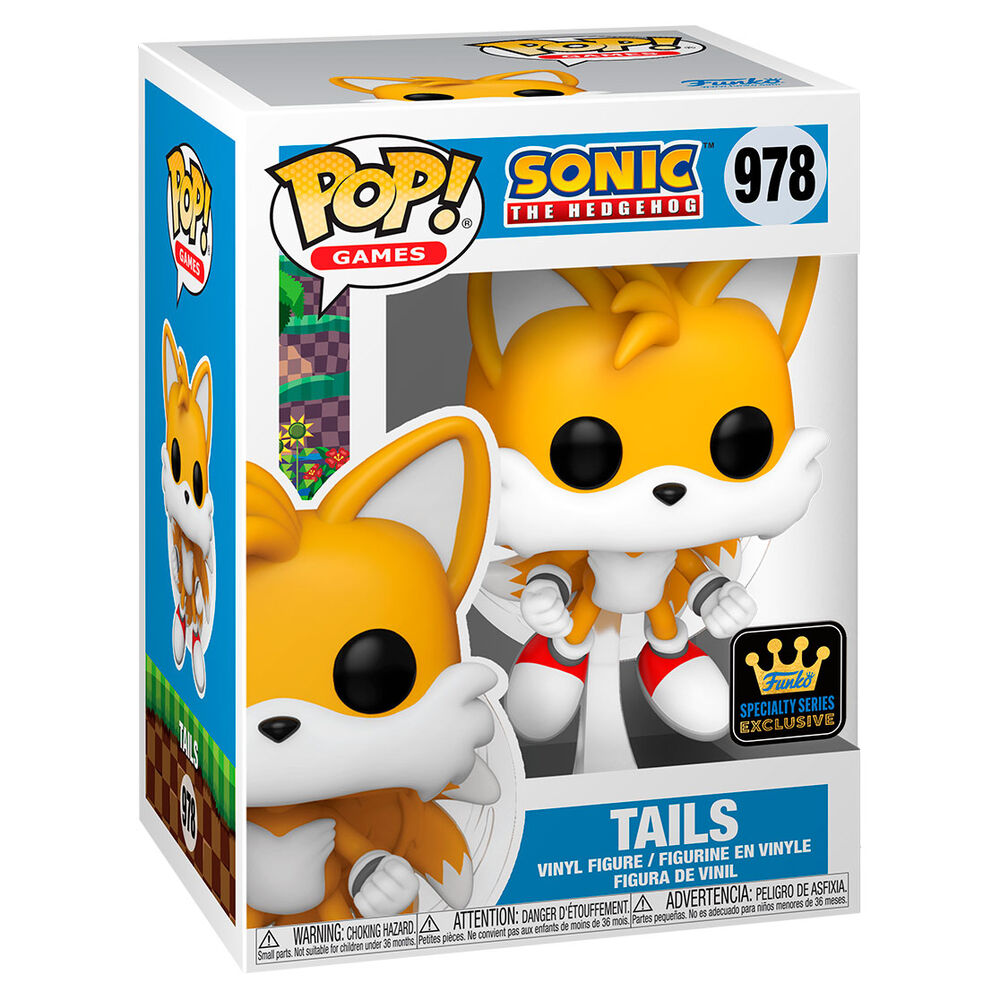 Sonic the Hedgehog Tails Funko Pop Figur in ungeöffneter Sammlerbox mit grüner Hügellandschaft.