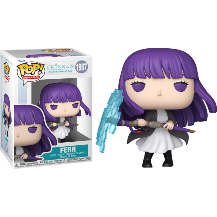 Figurka Funko Pop Fern z fioletowymi włosami, białą suknią i magiczną laską, z pudełkiem.