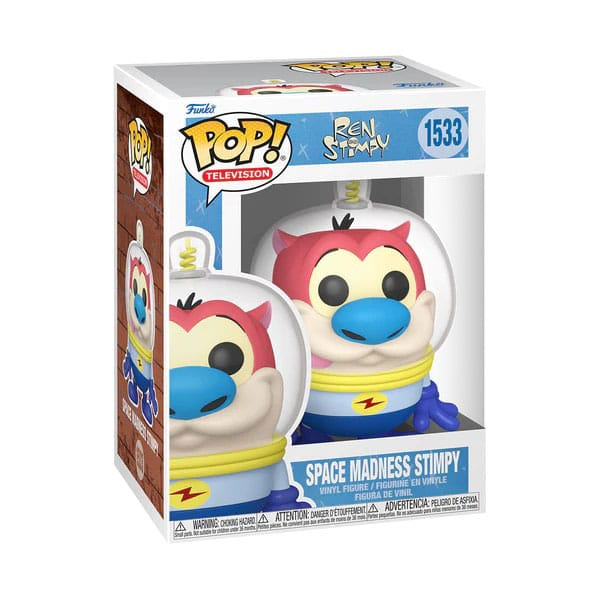Una figura de vinilo Funko Pop de Space Madness Stimpy en su caja con ventana.