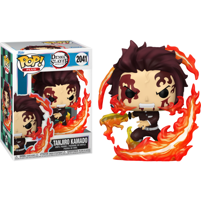 Tanjiro Kamado Funko Pop Plus Figur mit Flammeneffekten und Verpackungsschachtel.