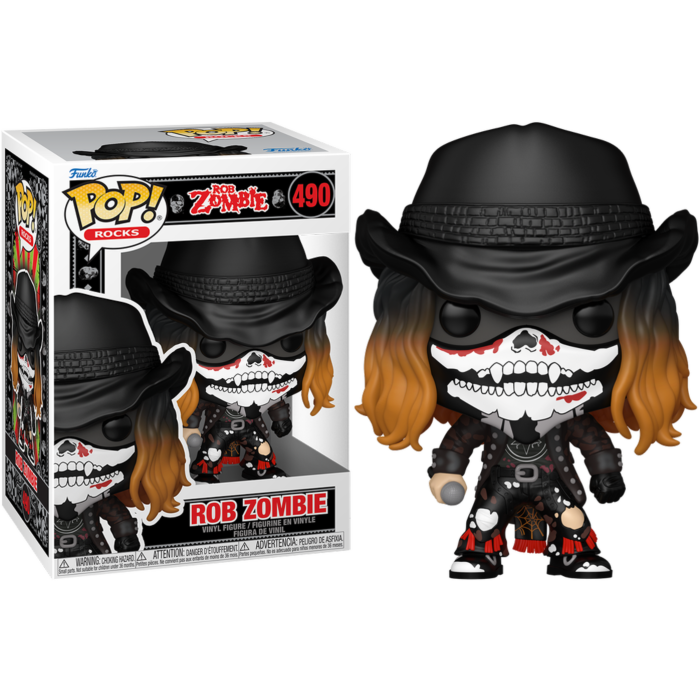 Figura de vinilo Rob Zombie Pop! con sombrero, máscara y micrófono junto a su caja.