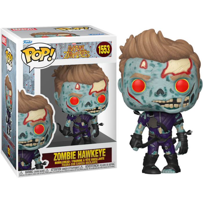 Figura Funko Pop de Zombie Hawkeye de Marvel Zombies junto a su caja con ojos rojos.