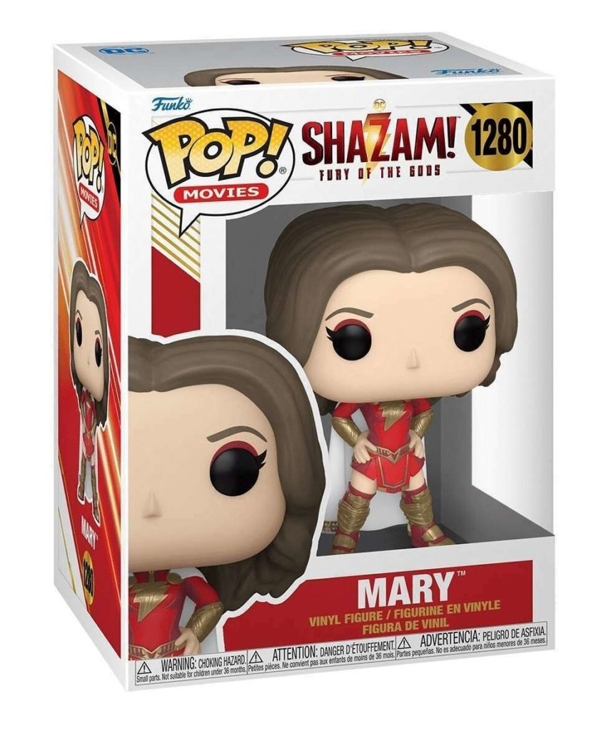 Funko Pop Vinylfigur von Mary aus Shazam in ihrer rot-goldenen Heldenkleidung in der Verpackung.