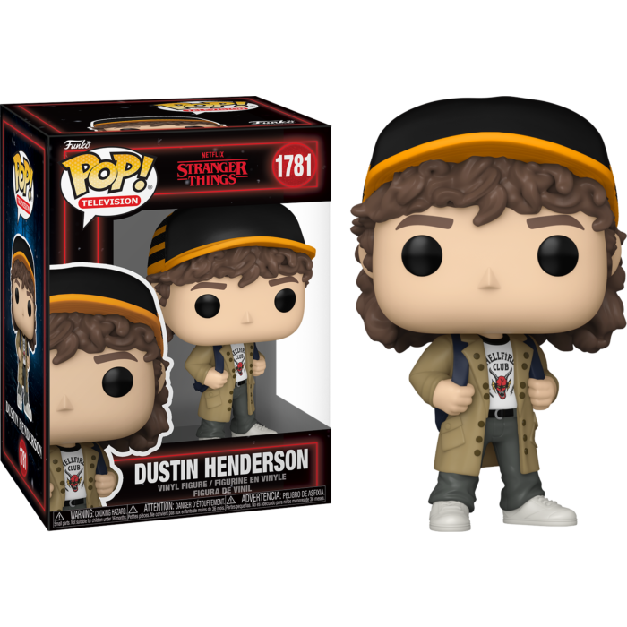 Figura Funko Pop de Dustin Henderson de Stranger Things con su caja sobre fondo negro.