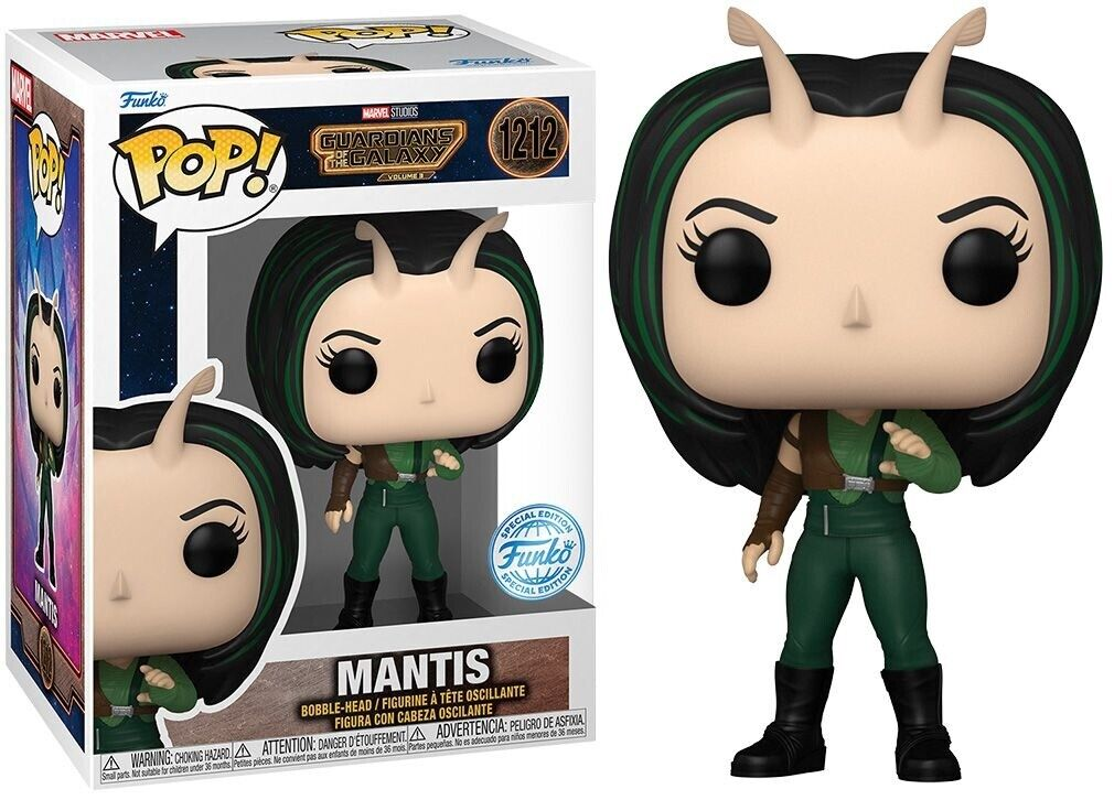 Mantis Funko Pop Figur mit grünen Haaren und Antennen neben ihrer Verpackung mit Guardians of the Galaxy Branding.
