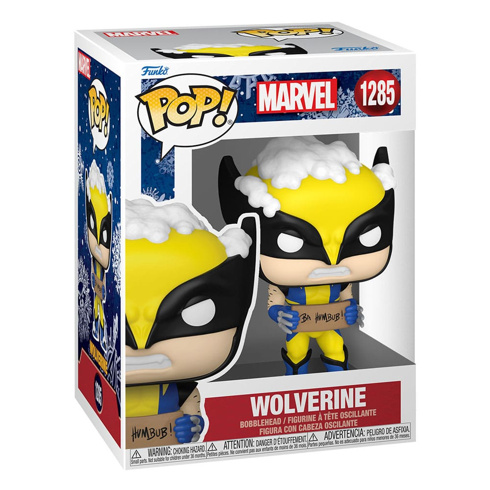 Marvel Wolverine Funko Pop Figur mit Schnee und einem "Bah Humbug!" Schild in einer Box.