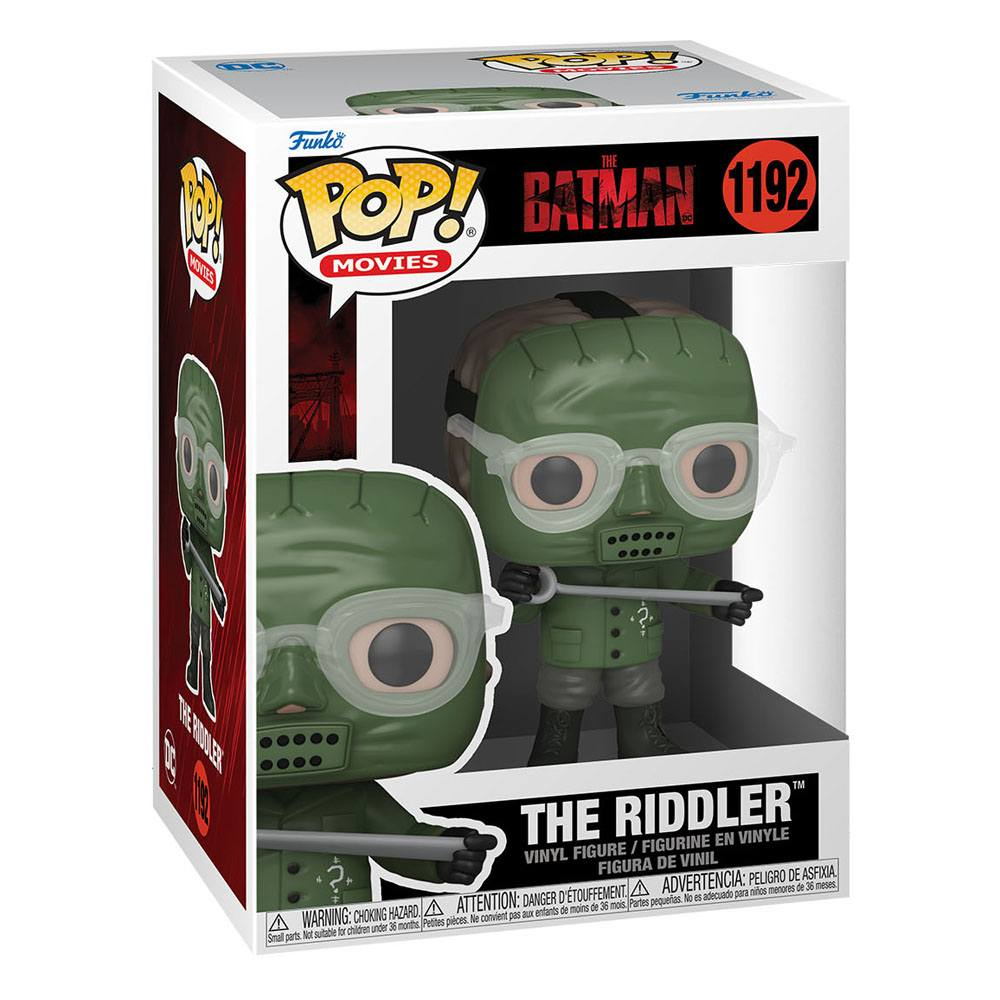Figura de vinilo Funko Pop de The Riddler en su caja, con cara verde cosida, gafas y traje con signos de interrogación.