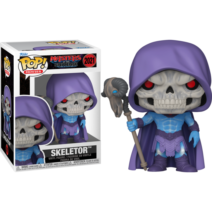 Figura Pop de Skeletor con capa púrpura sosteniendo un báculo con cabeza de carnero.