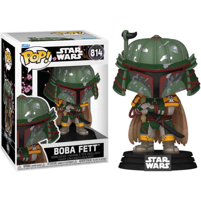 Figura Funko Pop de Bobba Fett samurái junto a su caja decorativa, sobre una base de Star Wars.