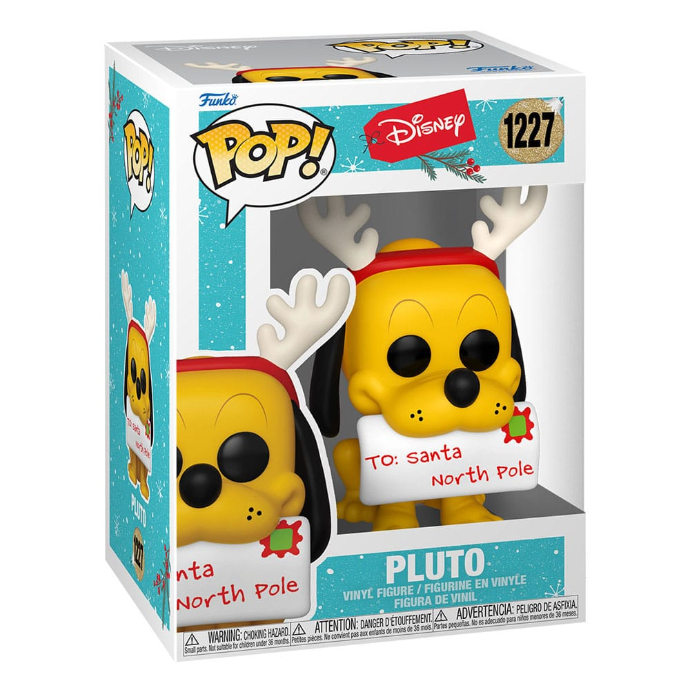 Figura Funko Pop de Pluto como reno en caja azul y blanca con carta para Santa Claus.