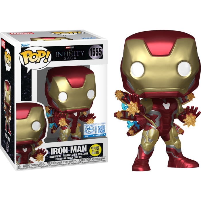 Iron Man Funko Pop Vinyl-Figur mit rot-goldener Rüstung und Leuchteffekten, neben ihrer illustrierten Schachtel.