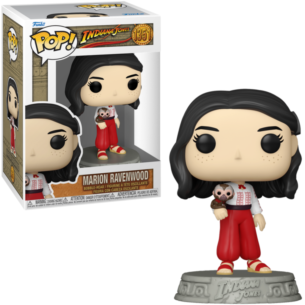 Funko Pop Indiana Jones Marion Ravenwood Figur mit einem kleinen Affen, neben der Verpackung.