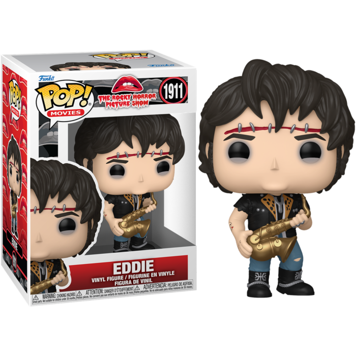 Funko Pop Vinylfigur von Eddie aus The Rocky Horror Picture Show mit einem Saxophon, neben seiner Verpackung.