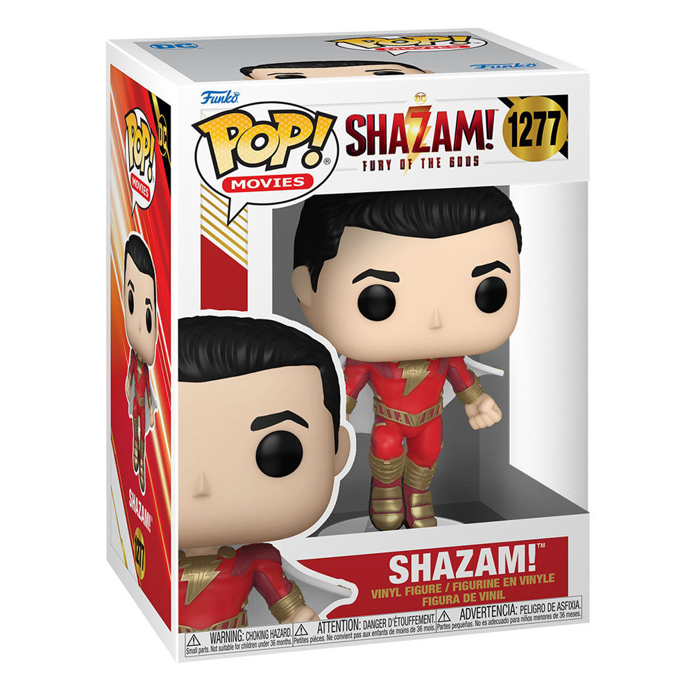 Eine Shazam Funko Pop Vinyl-Figur in ihrer Box mit dem Charakter in einem rot-goldenen Anzug und schwarzen Haaren.
