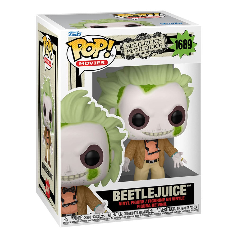 Una figura de vinilo Funko Pop de Beetlejuice en su caja con cabello verde y traje marrón.