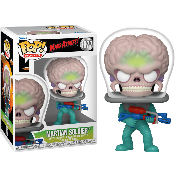 Figura Funko Pop de Martian Soldier de Mars Attacks con cerebro grande y bláster en su caja.