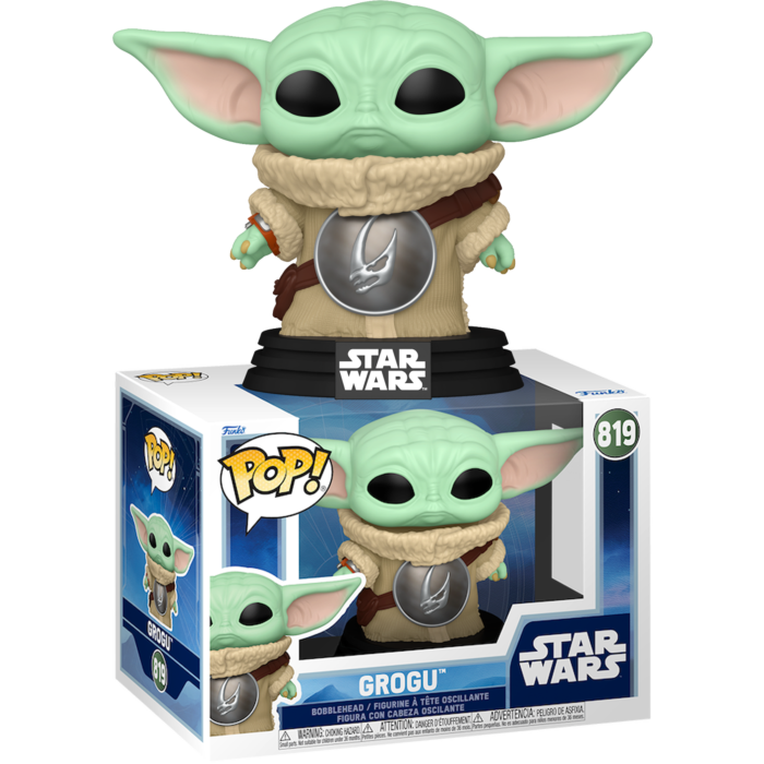 Figura de vinilo Funko Pop Grogu de Star Wars sobre su caja decorada.