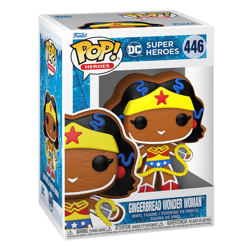 Funko Pop action figure in vinile 446 di Gingerbread Wonder Woman in scatola natalizia blu e bianca.