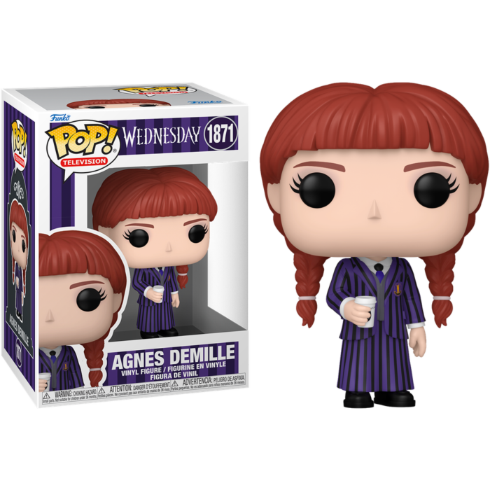 Figura Funko Pop de Agnes Demille con coletas rojas, traje de rayas y taza de café, junto a su caja.