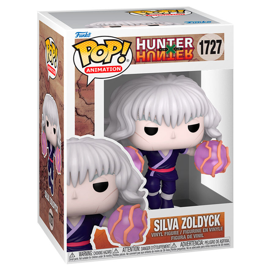 Una caja Funko Pop con Silva Zoldyck de Hunter x Hunter, pelo blanco y esferas moradas.