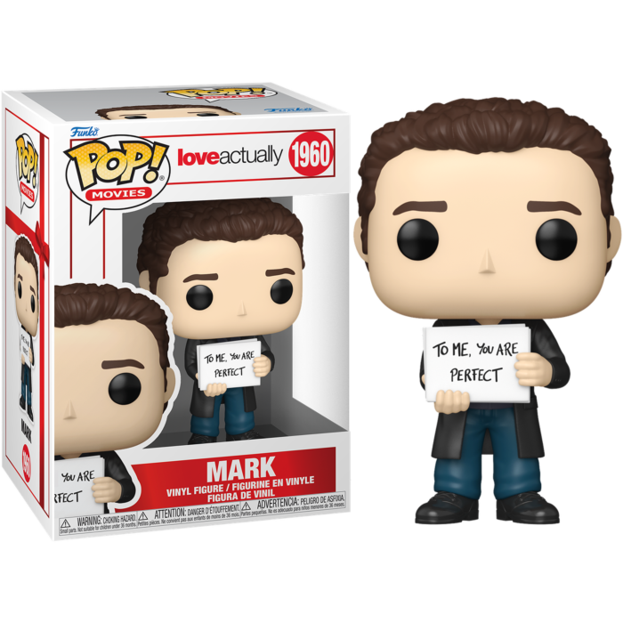 Figura de vinilo Mark Funko de Love Actually fuera de caja con letrero.