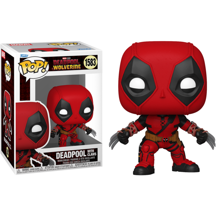 Figura de vinilo Deadpool Pop! con garras, junto a su caja original.