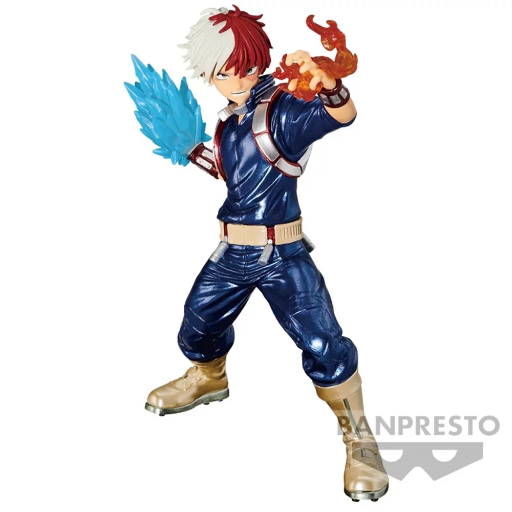 Figura de anime de Shoto Todoroki en uniforme azul empuñando poder de hielo y fuego.