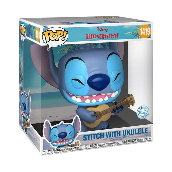Eine Funko-Pop-Vinylfigur von Stitch aus Lilo & Stitch mit Ukulele in der Produktverpackung.