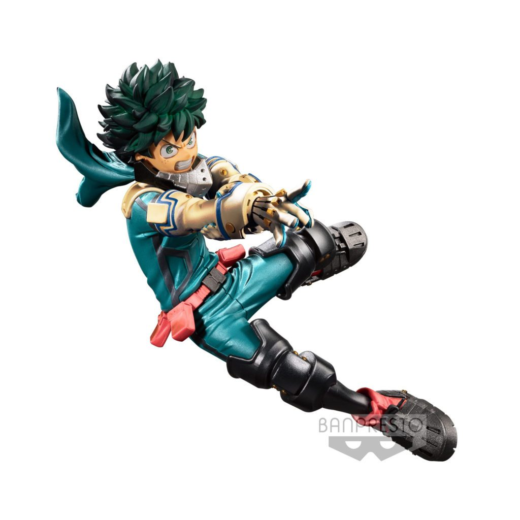 Figura de colección de anime de Izuku Midoriya en una pose de acción dinámica con traje azul y negro sobre fondo blanco.