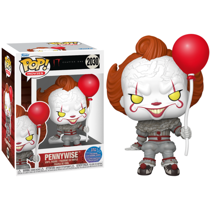 Figura de vinilo Funko Pop de Pennywise con un globo rojo, de It, mostrada junto a su caja.