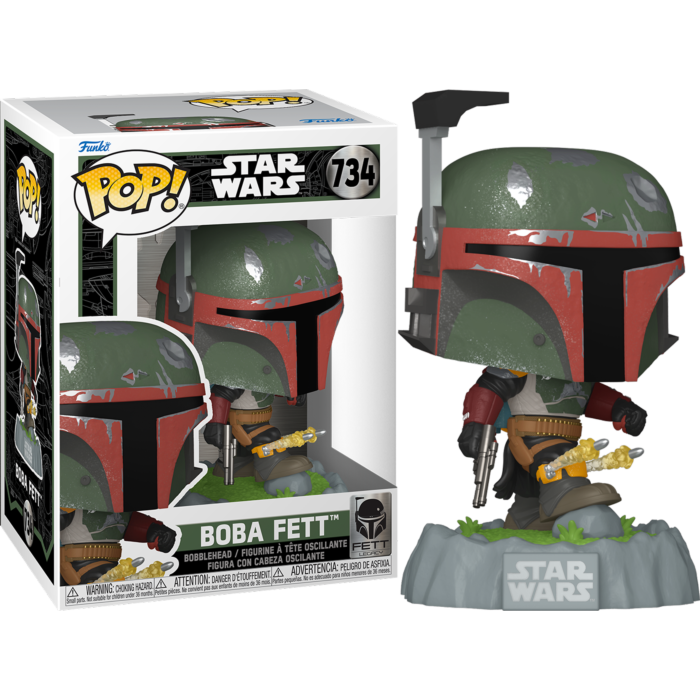 Figurine Funko Pop Star Wars de Boba Fett avec emballage sur fond noir.
